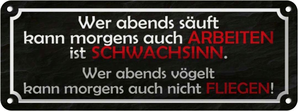 Blechschild 10x27 cm wer abends säuft kann arbeiten Dekoration Spruch Zitat