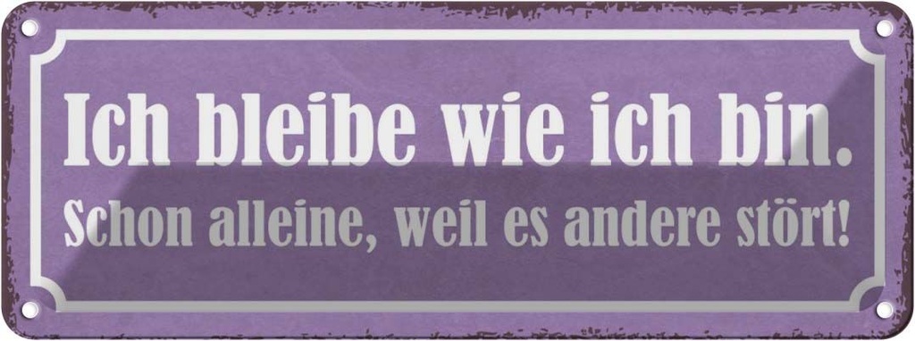 Blechschild 10x27 cm ich bleibe wie bin alleine Dekoration Spruch Zitat