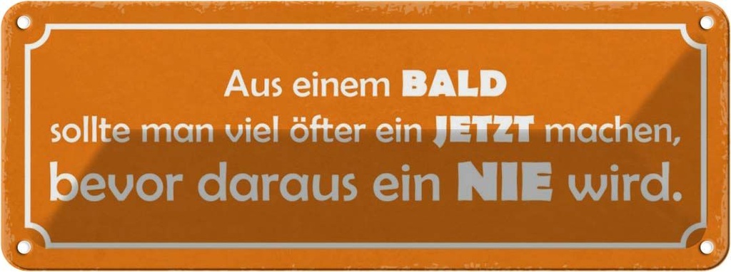 Blechschild 10x27 cm aus BALD JETZT bevor NIE wird Dekoration Spruch Zitat