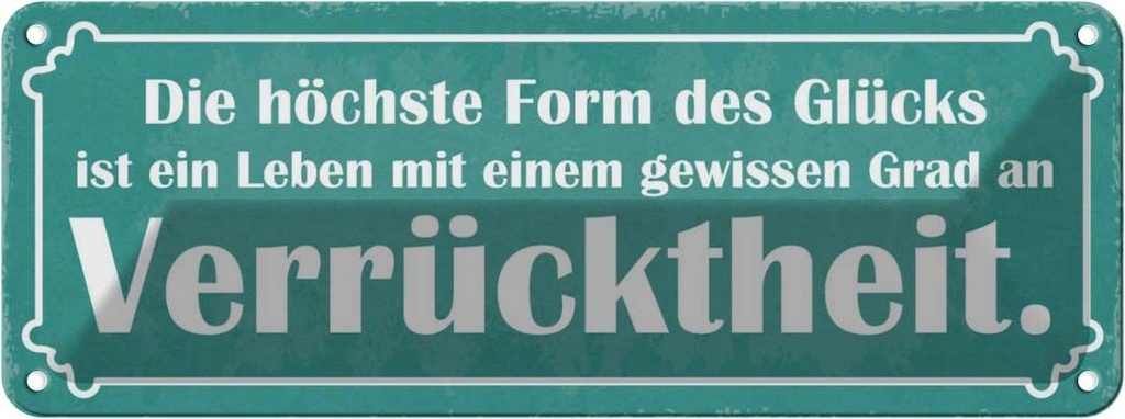 Blechschild 10x27 cm Höchste Form Glück Verrücktheit Spruch Zitat
