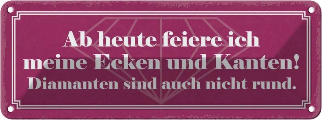 Blechschild 10x27 cm feiere meine Ecken und Kanten Dekoration Spruch Zitat