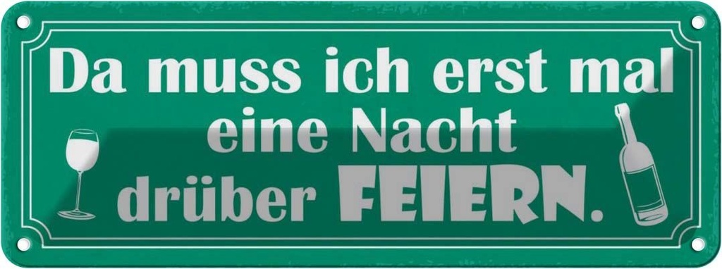 Blechschild 10x27 cm muss erst Nacht drüber feiern Dekoration Spruch Zitat