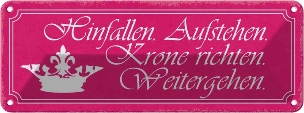 Blechschild 10x27 cm Hinfalle aufstehe Krone richten Spruch Zitat