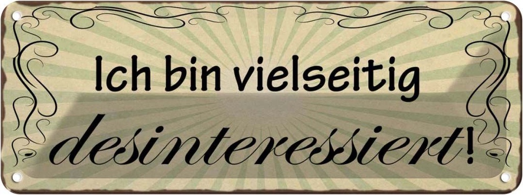 Blechschild 10x27 cm bin vielseitug desinteressiert Spruch Zitat