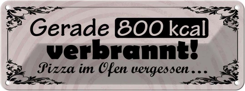 Blechschild 10x27 cm gerade 800 kcal verbrannt Pizza Spruch Zitat