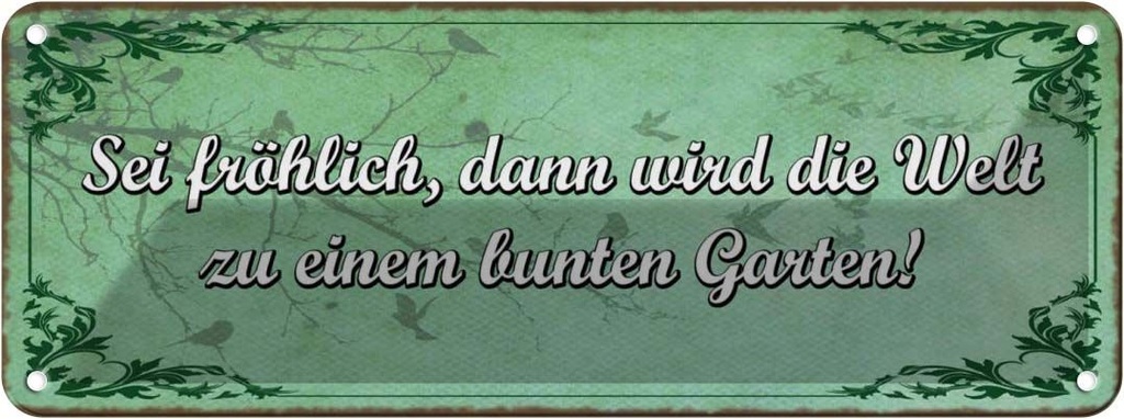 Blechschild 10x27 cm Sei fröhlich Welt bunter Garten Spruch Zitat