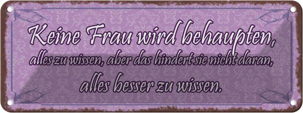 Blechschild 10x27 cm Keine Frau behaupte alles wissen Spruch Zitat