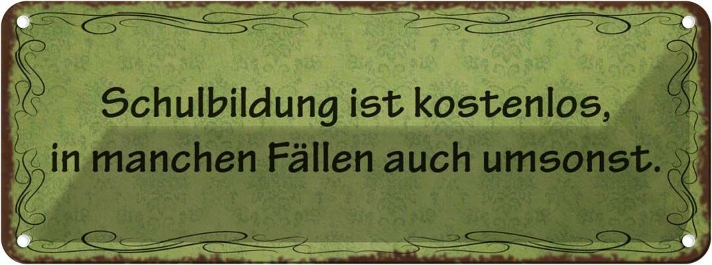 Blechschild 10x27 cm Schulbildung kostenlos umsonst Warnschild Hinweisschild Sicherheit Vorsicht
