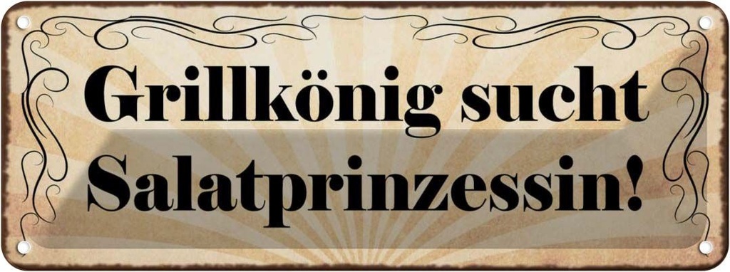 Blechschild 10x27 cm Grillkönig sucht Salatprinzessin Spruch Zitat