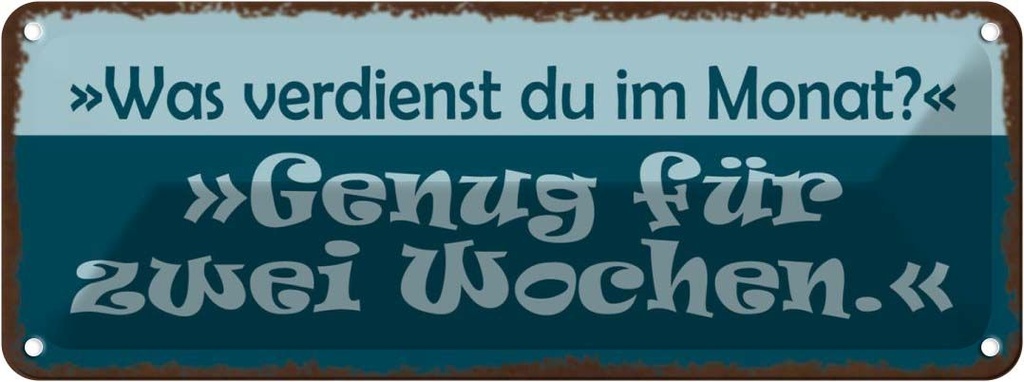 Blechschild 10x27 cm Was verdienst genug für 2 Wochen Spruch Zitat