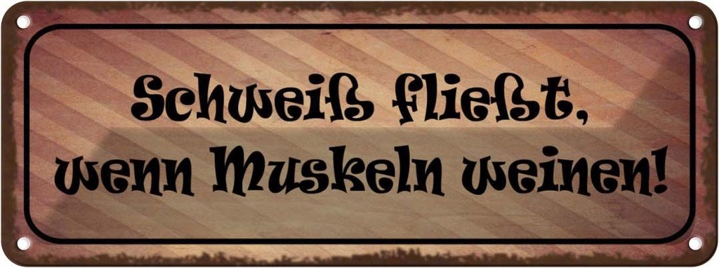 Blechschild 10x27 cm Schweiß fließt Muskeln weinen Dekoration Spruch Zitat