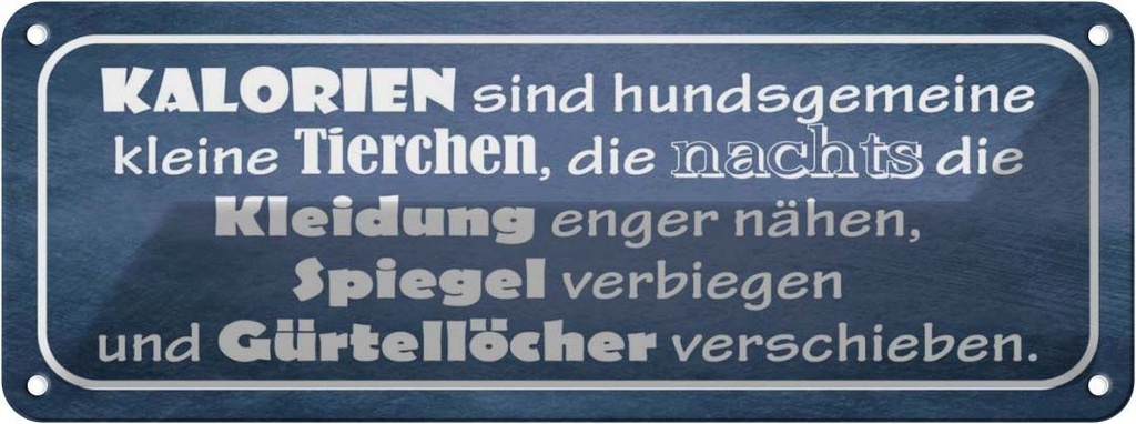 Blechschild 10x27 cm Kalorien sind kleine Tierchen Dekoration Spruch Zitat