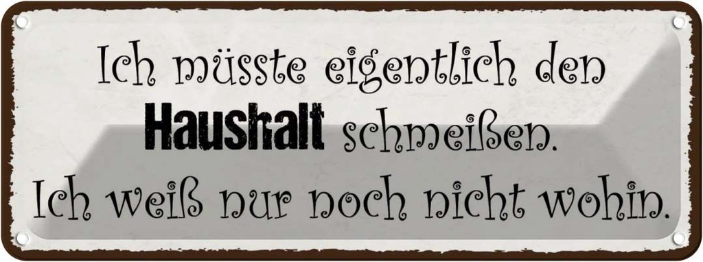 Blechschild 10x27 cm müsste Haushalt schmeißen wohin Spruch Zitat