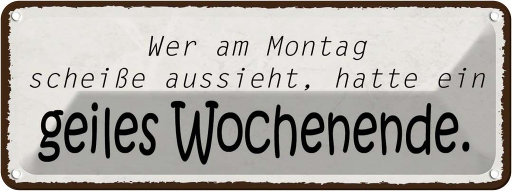 Blechschild 10x27 cm geiles Wochenende Montag Scheiße Spruch Zitat