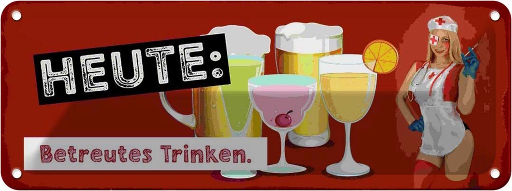 Blechschild 10x27 cm heute betreutes Trinken Alkohol Spruch Zitat