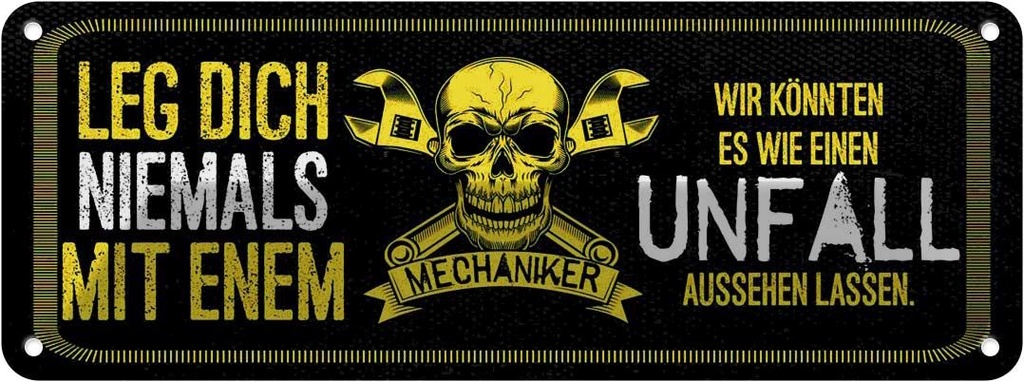 Blechschild 10x27 cm leg dich nie mit einem Mechaniker Spruch Zitat