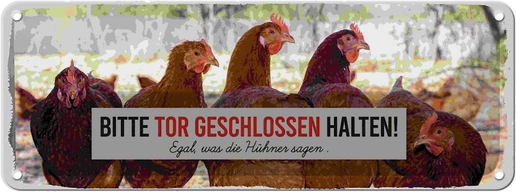 Blechschild 10x27 cm Hühner bitte Tor geschlossen Spruch Zitat