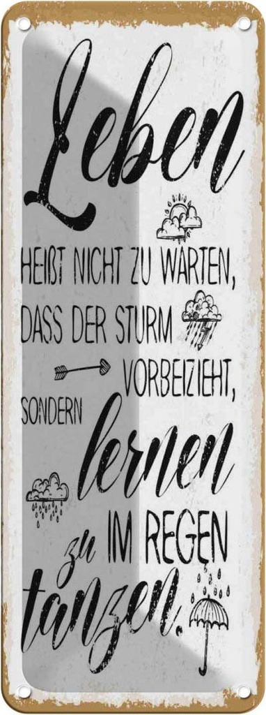 Blechschild 27x10 cm Leben nicht warten Sturm vorbei Spruch Zitat