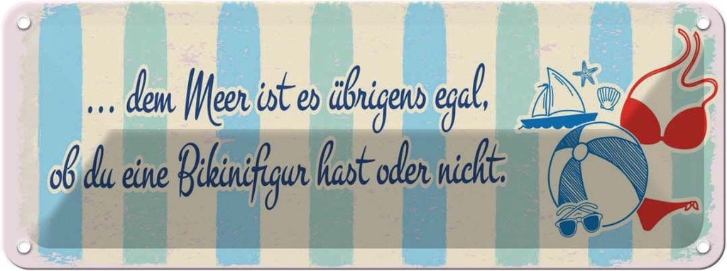 Blechschild 10x27 cm Meer Urlaub egal ob du Bikinifigur Spruch Zitat