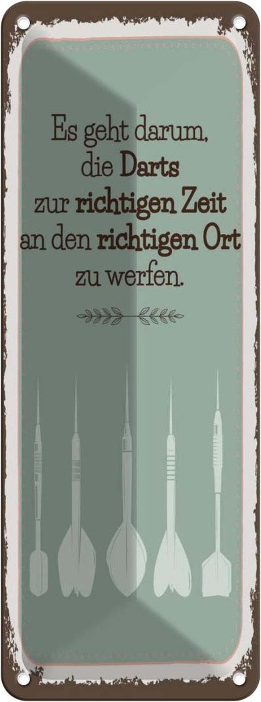 Blechschild 27x10 cm Darts zur richtigen Zeit werfen Spruch Zitat
