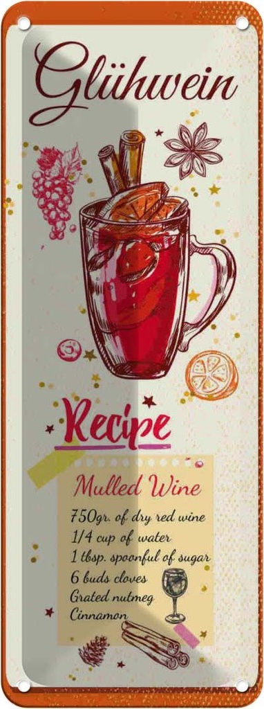 Blechschild 27x10 cm Glühwein Recipe Mulled Wine