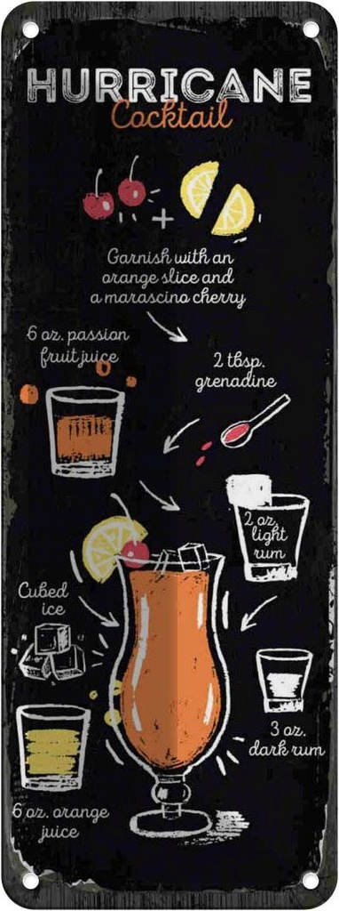 Blechschild 27x10 cm Hurricane Cocktail Recipe