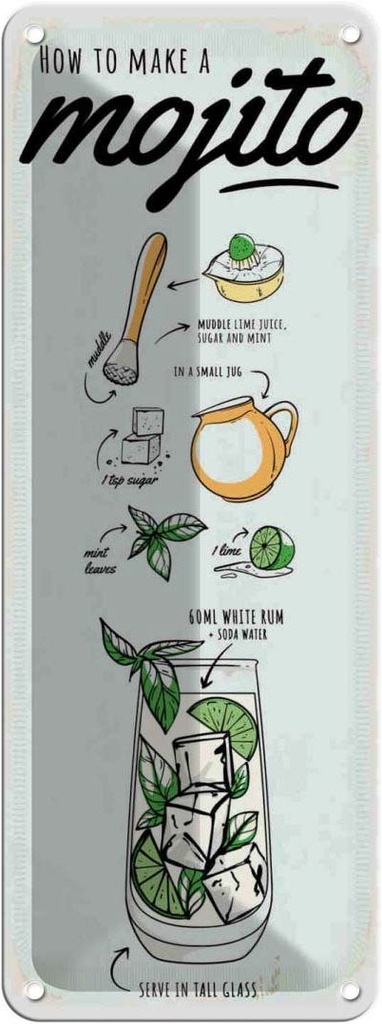 Blechschild 27x10 cm Mojito Cocktail Recipewhite rum