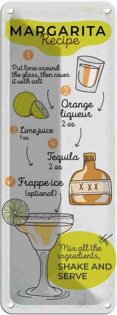 Blechschild 27x10 cm Margarita Recipe orange lime