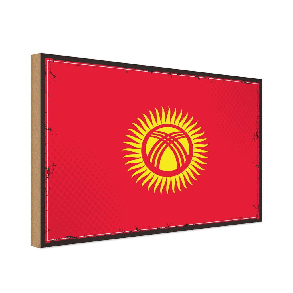 Holzschild 30x40 cm Kirgisistans Retro Kyrgyzstan Flagge Fahne Wappen