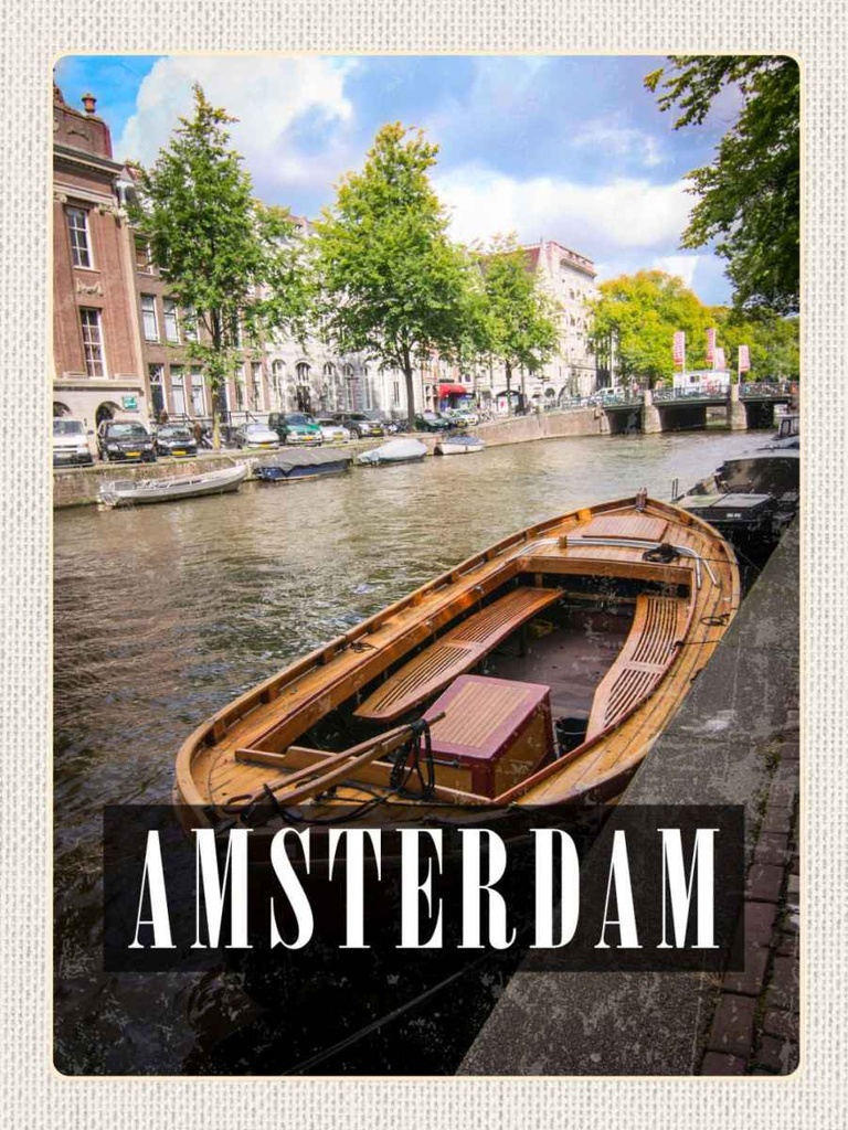 Holzschild 40x30 cm AmsterdamBoot Holland Bildmotiv Reisemotiv Straße Stadt