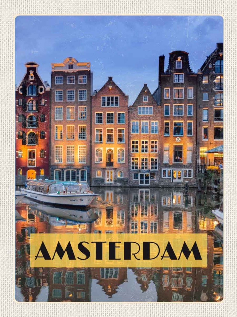 Holzschild 40x30 cm Amsterdam bei Nacht Bildmotiv Reisemotiv Straße Stadt