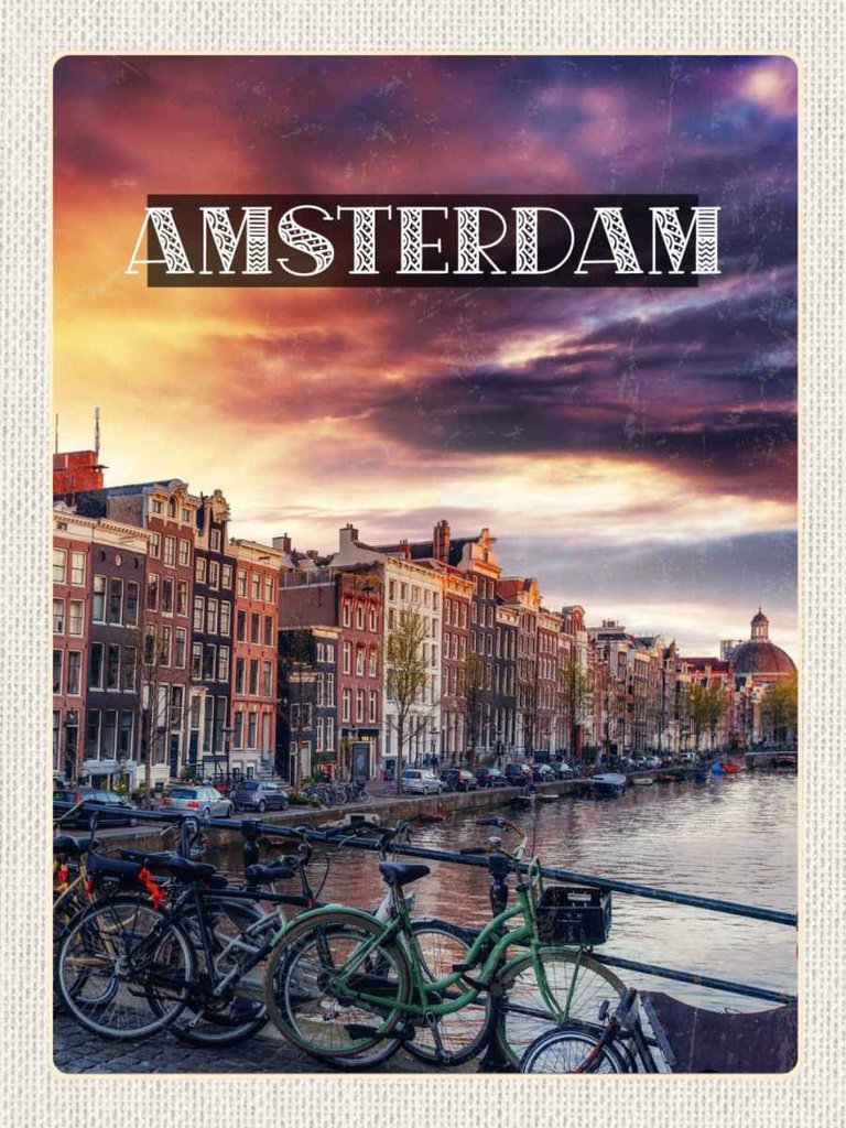 Holzschild 40x30 cm Amsterdam Sonnenuntergang Bildmotiv Reisemotiv Straße Stadt