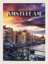 Holzschild 40x30 cm Amsterdam Sonnenuntergang Bildmotiv Reisemotiv Straße Stadt