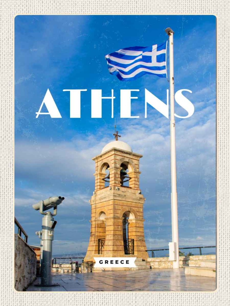 Holzschild 40x30 cm Athens Greece Flagge Akropolis Bildmotiv Reisemotiv Abenteuer Reisen