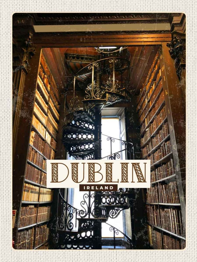 Holzschild 40x30 cm Retro Dublin Ireland Bibliothek Bildmotiv Reisemotiv Europa
