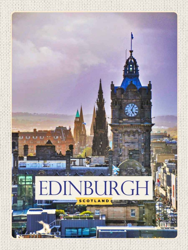 Holzschild 40x30 cm Edinburgh Scotland Uhrturm Bildmotiv Reisemotiv Straße Stadt