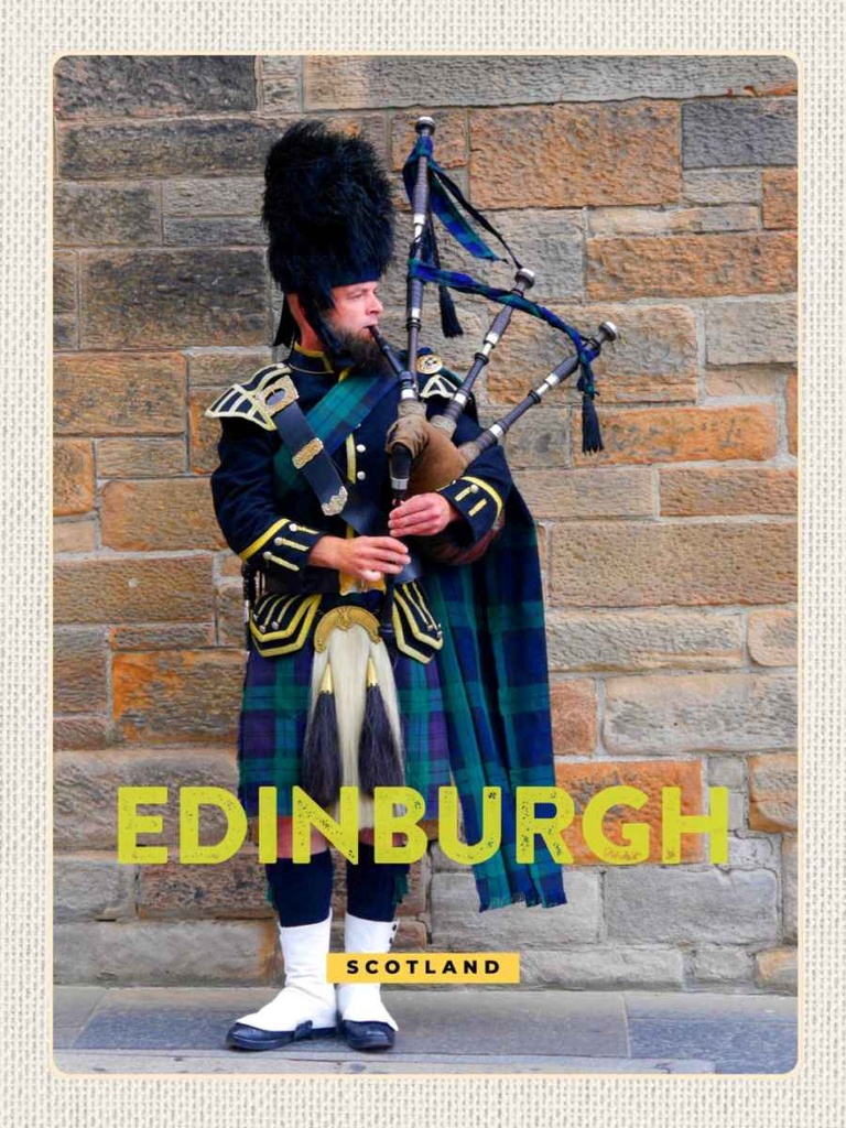 Holzschild 40x30 cm Edinburgh Scotland Dudelsack Mann Bildmotiv Reisemotiv Europa