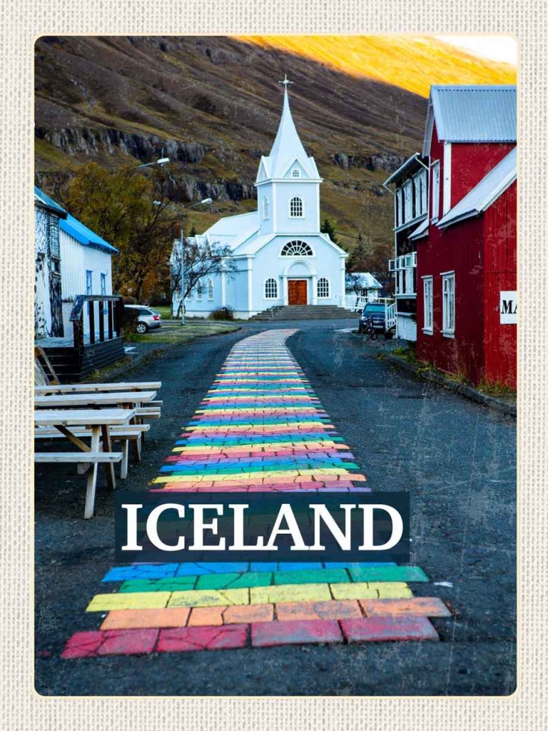 Holzschild 40x30 cm Iceland Iselstaat Kirche Bildmotiv Reisemotiv Straße Stadt