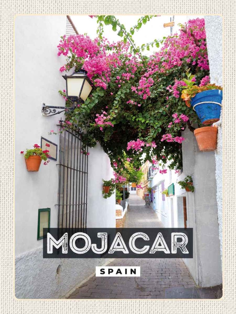 Holzschild 40x30 cm Mojacar Spain Spanien Blumen Bildmotiv Reisemotiv Straße Stadt
