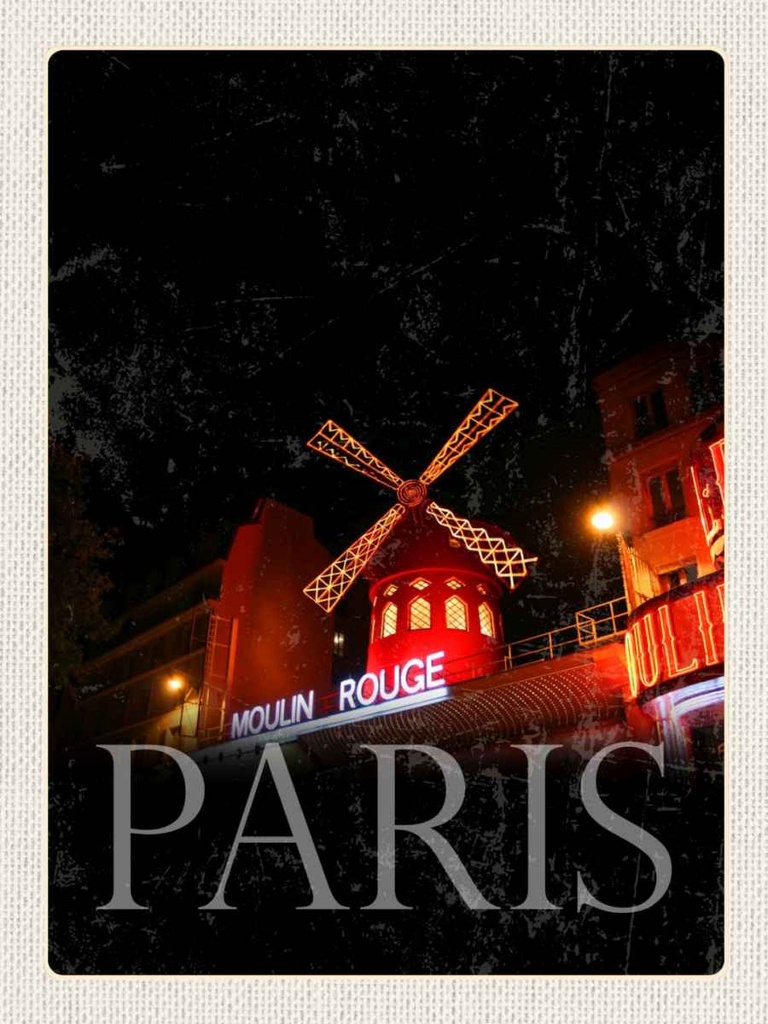 Holzschild 40x30 cm Moulin Rouge Paris Varieté Bildmotiv Reisemotiv Straße Stadt