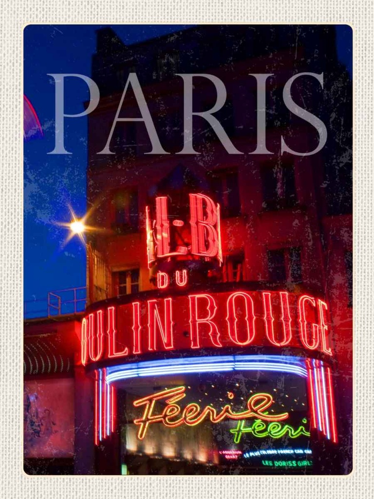 Holzschild 40x30 cm Paris Moulin Rouge Varieté Bildmotiv Reisemotiv Straße Stadt