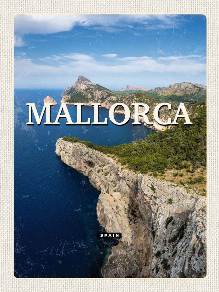 Holzschild 40x30 cm Mallorca Spain Meer Berge Retro Bildmotiv Reisemotiv Europa
