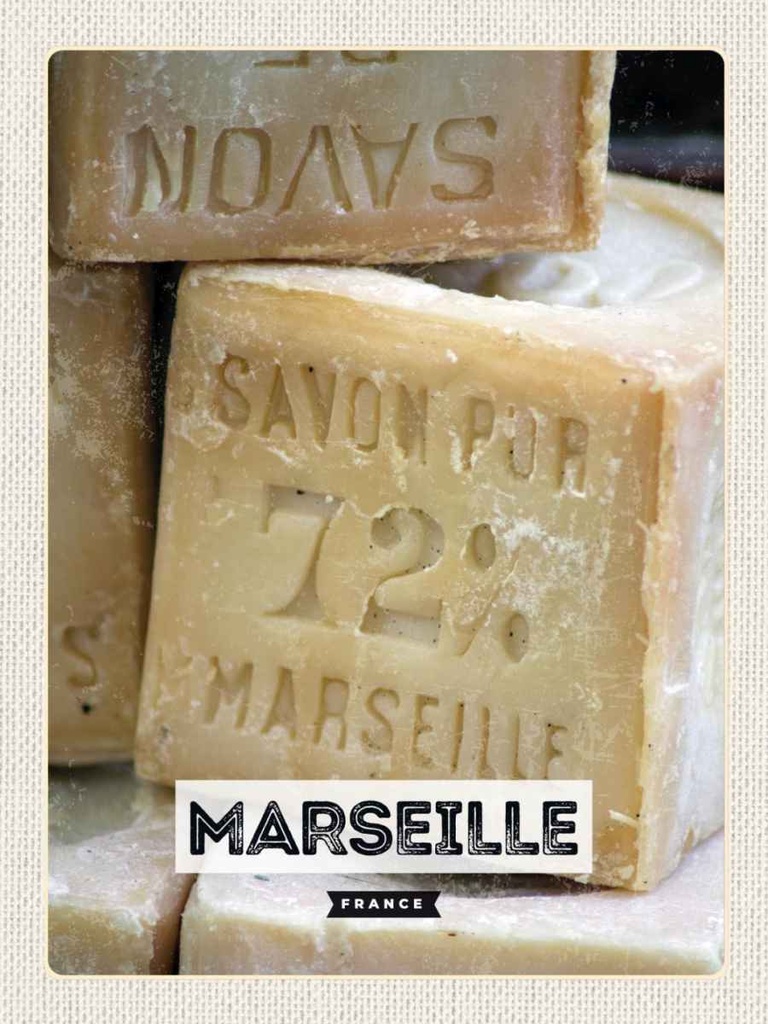 Holzschild 40x30 cm Marseille France Savon pur 72% Bildmotiv Reisemotiv Straße Stadt