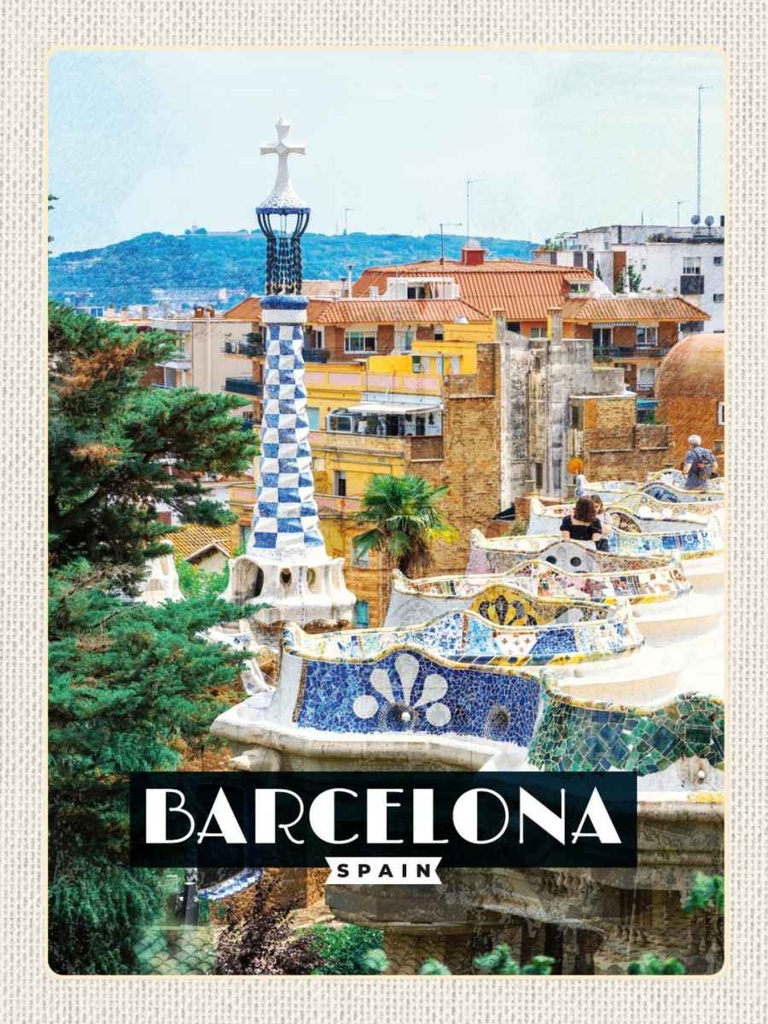 Holzschild 40x30 cm Barcelona Spain Spanien Panorama Bildmotiv Reisemotiv Abenteuer Reisen