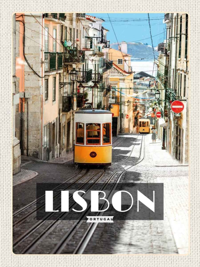 Holzschild 40x30 cm Lisbon Portugal Straßenbahn Bildmotiv Reisemotiv Straße Stadt