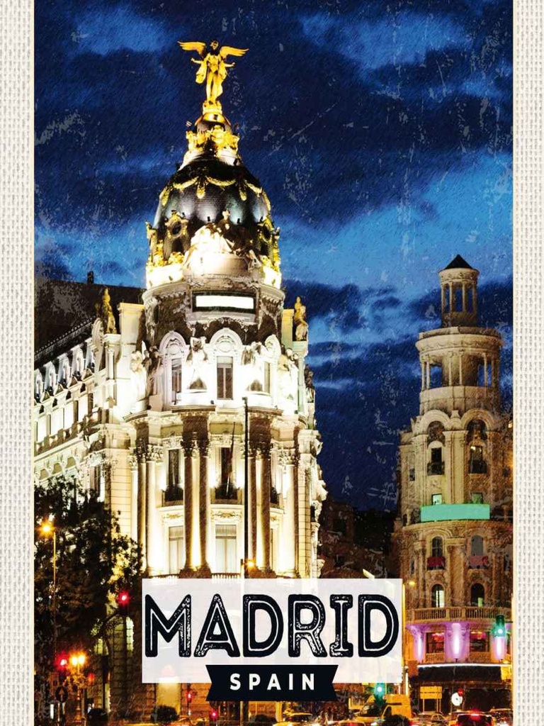 Holzschild 40x30 cm Madrid Spain Retro Nacht Poster Bildmotiv Reisemotiv Europa