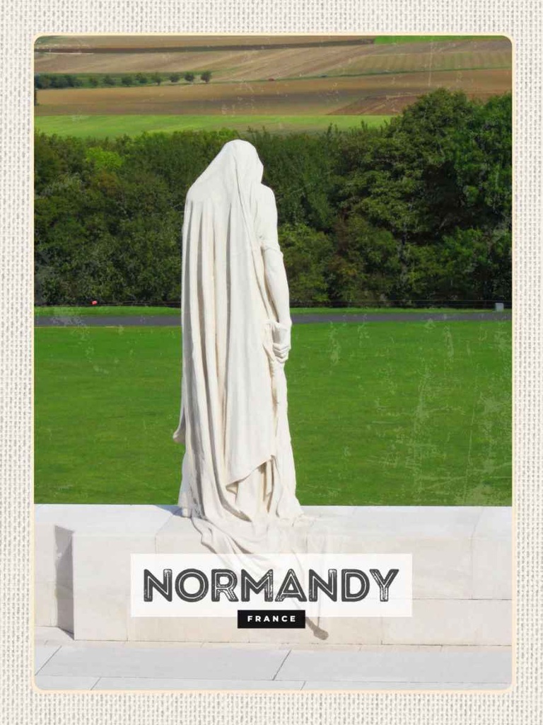 Holzschild 40x30 cm Normandy France Skulptur Bildmotiv Reisemotiv Straße Stadt
