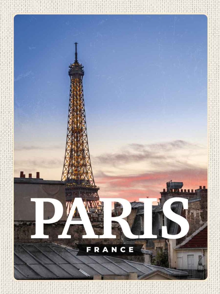 Holzschild 40x30 cm Paris France Sonnenuntergang Bildmotiv Reisemotiv Straße Stadt