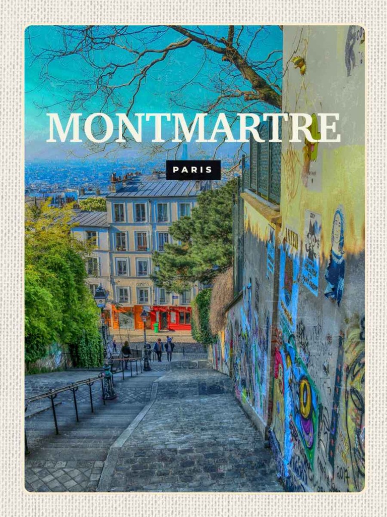 Holzschild 40x30 cm Montmartre Paris Altstadt Bildmotiv Reisemotiv Straße Stadt
