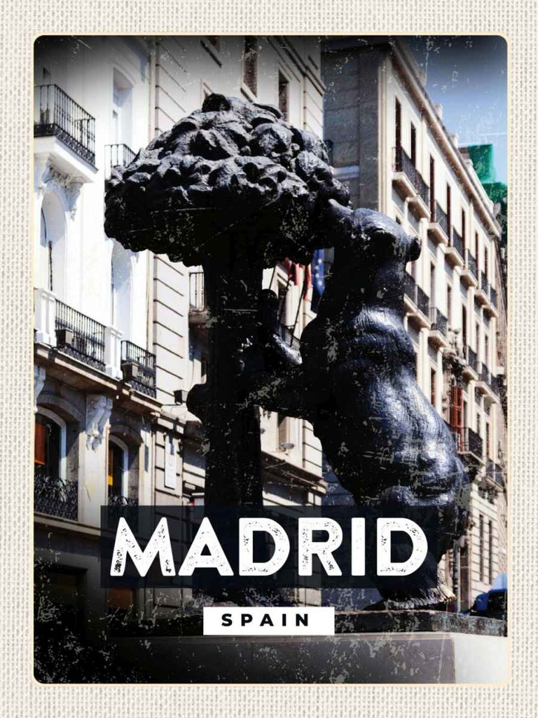 Holzschild 40x30 cm Madrid Spain Statue des Bären Bildmotiv Reisemotiv Straße Stadt